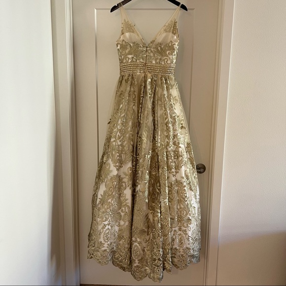 Gold Embroidered Tulle Evening Gown Dress - Picture 9 of 9